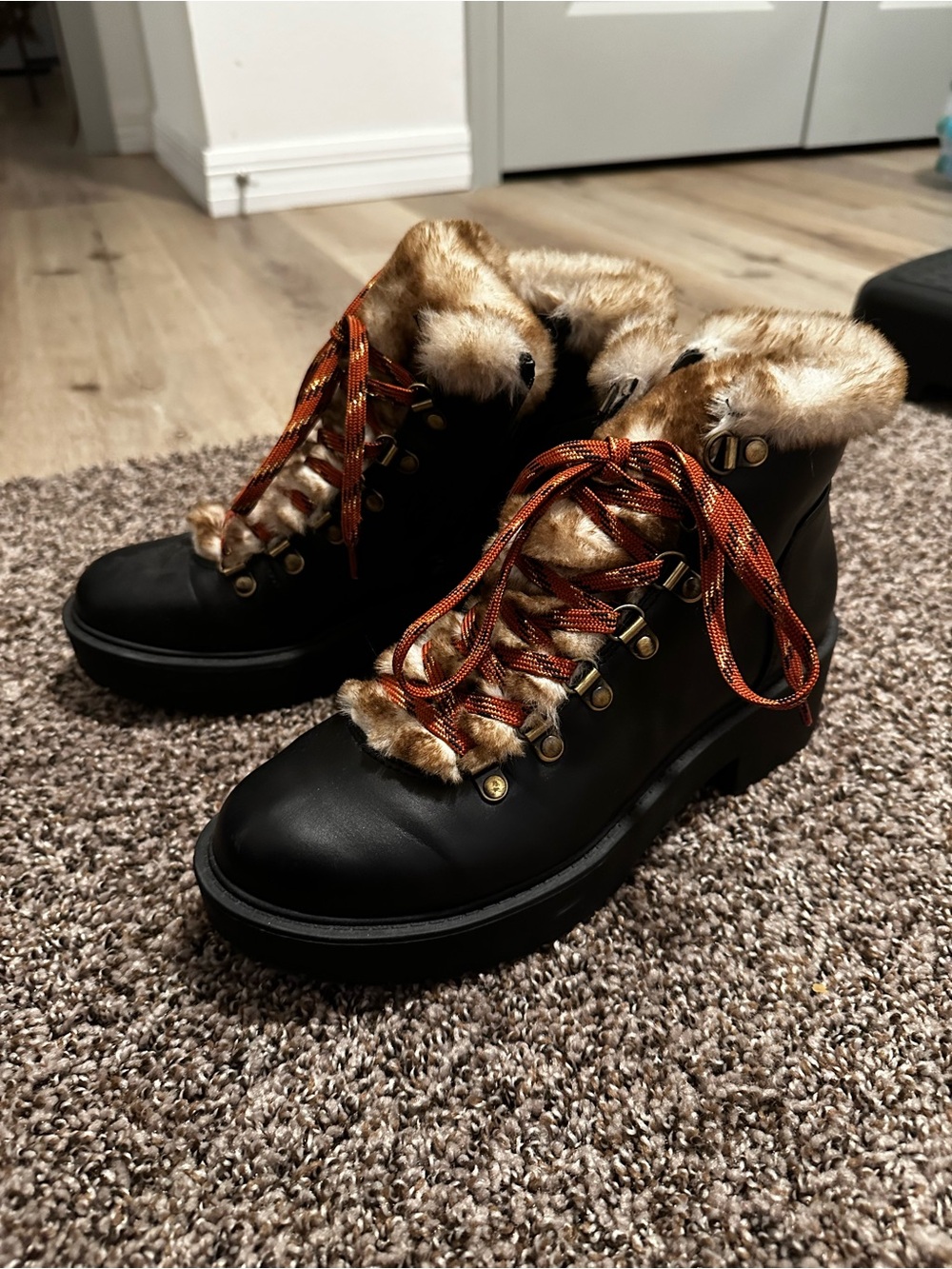 American Eagle Outfitters Black Boot with Faux-Fur Trim and Orange Laces